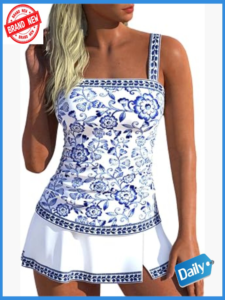 Tummy Control Tankini Set Swim Skirt Floral Ruched Bandeau Plus Size